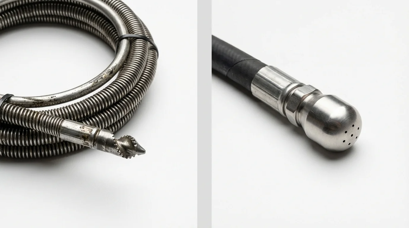 Drain snake cable and hydro jetting nozzle used for drain cleaning in Maysville, MO