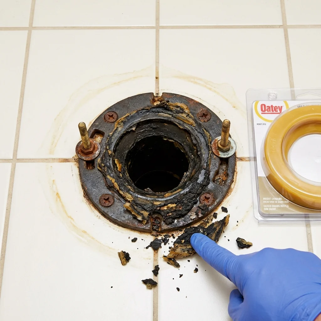Failed wax ring showing water seepage at the base of a toilet in a Maysville, MO home