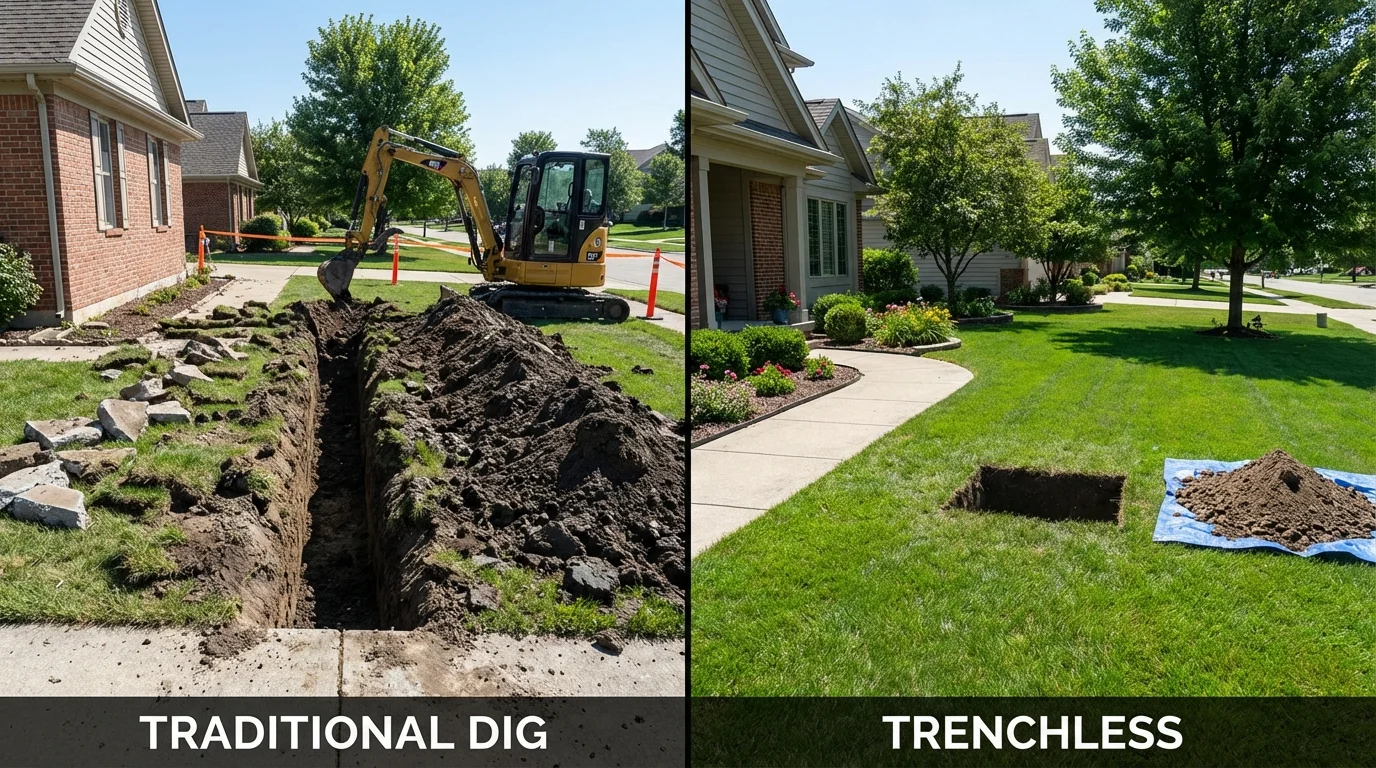 Trenchless sewer repair with minimal yard damage versus traditional excavation in Maysville, MO
