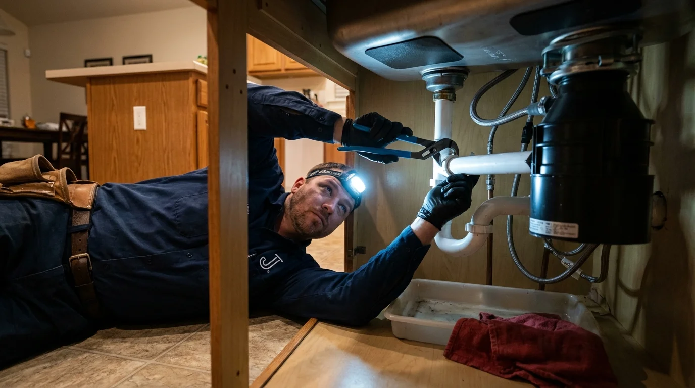 P-trap and supply line connections under a kitchen sink showing a common leak point in Maysville, MO